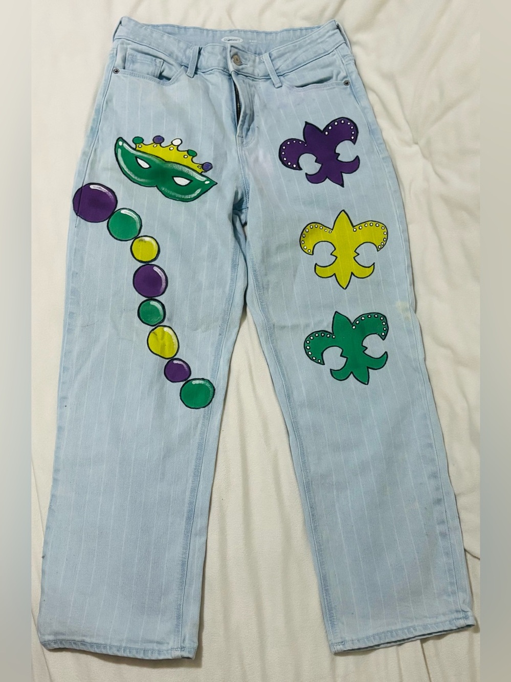 Hand Painted Gras Mask & Fleur-de-Lis Women’s Jeans
